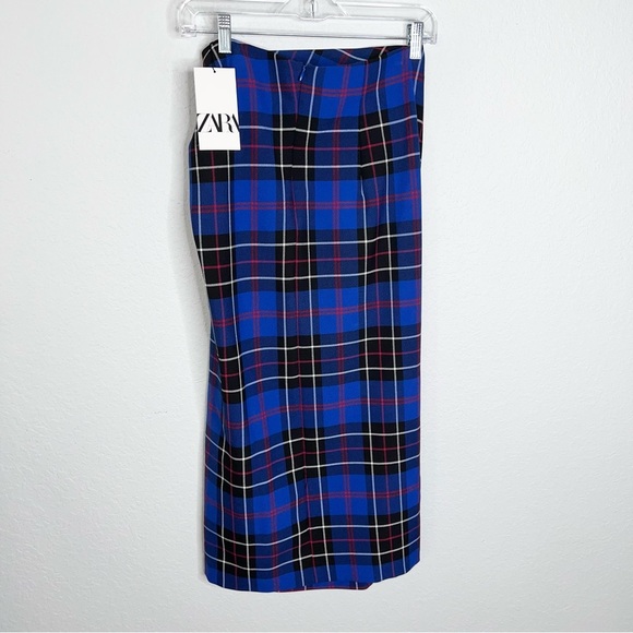 Zara Skirt Midi Women Medium Tartan Plaid Check Side Slit Ruched Blue Pencil Q - Picture 5 of 11